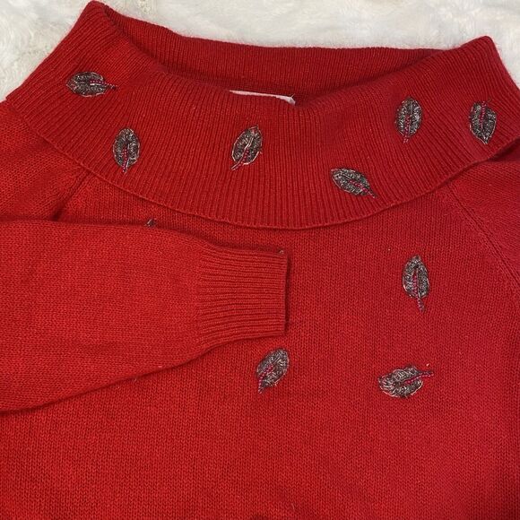 Vintage Soft Red Silk‎ Wool Angora Blend Beaded Leaves Off Shoulder Sweater Sz L - Picture 1 of 9